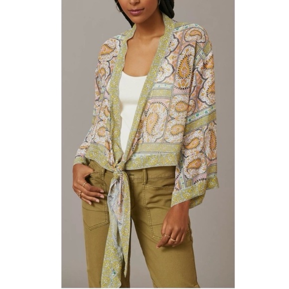 Anthropologie Sweaters - Anthropologie Kimono Chartreuse Green Paisley Sheer Tie Front One Size NWT